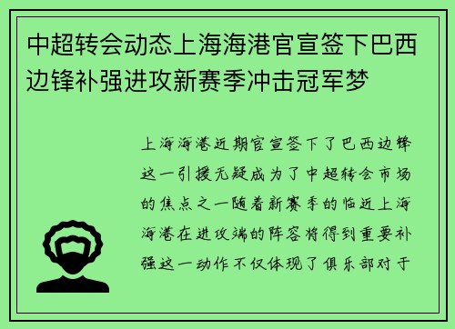 中超转会动态上海海港官宣签下巴西边锋补强进攻新赛季冲击冠军梦